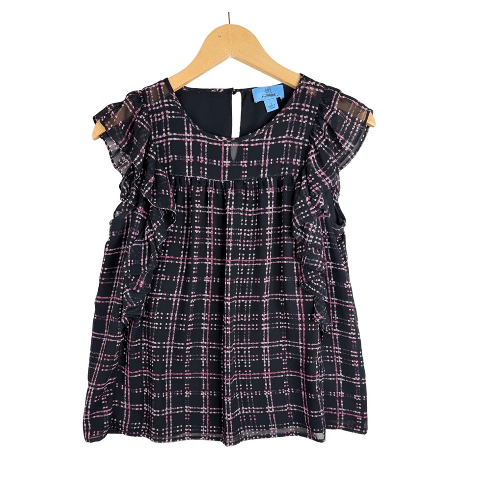 CeCe Plaid Ruffle Sleeve Blouse size Small Black/Pink/White